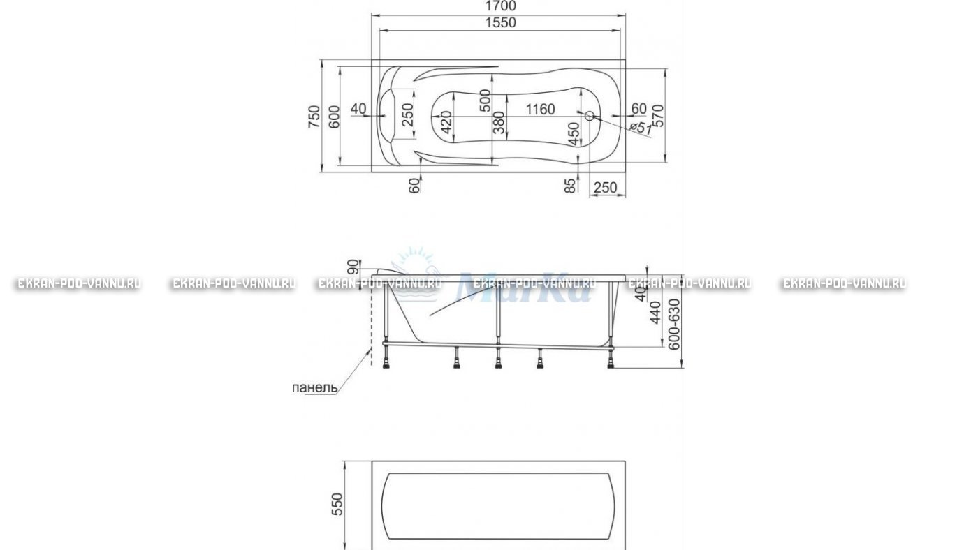 Акриловая ванна 1MarKa Calypso 170x75 – купить по цене 13950 руб. в интернет-магазине в городе Омск картинка 22